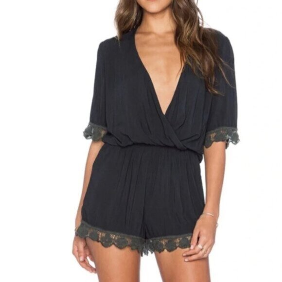 Free People Blue Life Boho Romper 3/4 Sleeve Surplice Neck Crochet Lace Black S - Picture 2 of 16